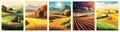 Agriculture, nature farming. Harvest, field, trees empty vector illustration set five vertical posters. Farms poster.