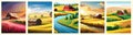 Agriculture, nature farming. Harvest, field, trees empty vector illustration set five vertical posters. Farms poster.