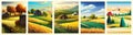 Agriculture, nature farming. Harvest, field, trees empty vector illustration set five vertical posters. Farms poster.