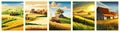 Agriculture, nature farming. Harvest, field, trees empty vector illustration set five vertical posters. Farms poster.