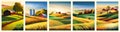 Agriculture, nature farming. Harvest, field, trees empty vector illustration set five vertical posters. Farms poster.