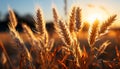 Agriculture, nature, summer, sunset, farm, rural scene, wheat, plant, sun, sunlight generated by AI Royalty Free Stock Photo