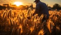 Agriculture, nature, sunset, farm, men, rural scene, sun, sunlight, summer, wheat generated by AI Royalty Free Stock Photo