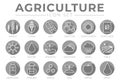 Agriculture Outline Flat and Gray Round Icon Set of Wheat, Corn, Soy, Tractor, Sunflower, Fertilizer, Sun, Water, Growth, Weather Royalty Free Stock Photo