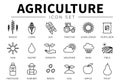 Agriculture Outline Icon Set of Wheat, Corn, Soy, Tractor, Sunflower, Fertilizer, Sun, Water, Growth, Weather, Rain, Fields, Royalty Free Stock Photo