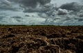 Agriculture plowed field. Black soil plowed field with stormy sky. Dirt soil ground in farm. Tillage soil prepared for planting