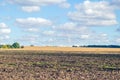 Agriculture plowed field and blue sky with clouds