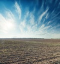 agriculture plowed field and blue sky with clouds Royalty Free Stock Photo