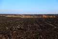 Agriculture plowed field. Dirt soil ground in farm. Tillage soil prepared for planting crop. Landscape of farmland