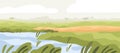 Agriculture rice field landscape. Asian farm land with crop and water. Indian farmland in summer. Plantation panorama