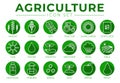 Agriculture Round Outline Icon Set of Wheat, Corn, Soy, Tractor, Sunflower, Fertilizer, Sun, Water, Growth, Weather, Rain, Fields Royalty Free Stock Photo