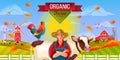Organic farm vector landscape with cow, male farmer, cock, mill, barn, clouds. Royalty Free Stock Photo