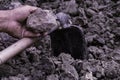 Agriculture : Soil in farmer man hands with hoe of black soil ba