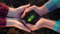 agriculture teamwork. farmers team hands plant a small plant in the ground soil. business teamwork agriculture concept