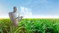 Agriculture technology concept with assistant robot with graphic display Royalty Free Stock Photo