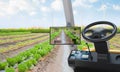 Agriculture technology electric tractor work in farm with digital screen display