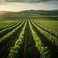 Agriculture view green field with orderly rows of vines