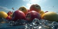 food strawberry drop water tropical vitamin fresh fruit green background healthy. Generative AI.