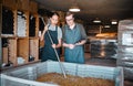 Agriculture, wine and vineyard workers in the alcohol business, press grapes in distillery plant. Sustainability, nature