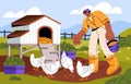 Agriculture worker feeding hens. Farmer scatters grain to chickens. Breeding, care about domestic bird. Girl sprinkles