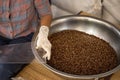 Agriculturist Scoop the roasted coffee beans into a plastic bag Royalty Free Stock Photo