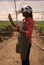 Agritech worker in vr headset with smartwatch using interface by plant troughs in greenhouse Royalty Free Stock Photo