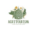Agritourism, beehive, forbs, pig and rooster, logo design. Agriculture, farming, beekeeping, animal husbandry and poultry farming,