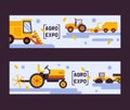 Agro exposition set of banners vector illustration. Harvesting machine. Equipment for agriculture. Industrial farm Royalty Free Stock Photo