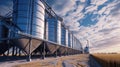 Agro silos granary elevator with seeds cleaning line on storage of agricultural products in rye corn or wheat field