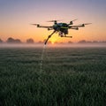An agronomic drone irrigates a field at dawn. Royalty Free Stock Photo