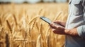 Agronomist agriculture worker using tablet to check crops in a wheat field