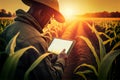 Agronomist farmer man using digital tablet computer in a young cornfield at sunset or sunrise Royalty Free Stock Photo