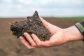 Agronomist holding a clod of earth, closeup of male hand with soil sample from agricultural field Royalty Free Stock Photo