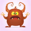 Agry scared cartoon monster with horns. Vector brown monster illustration. Halloween design .