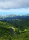 Agua de Pau Massif stratovolcano, view from the crest to Atlantic coast, Sao Miguel Island, Azores, Portugal Royalty Free Stock Photo