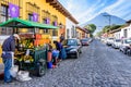 Agua volcano & colonial street, Antigua, Guatemala Royalty Free Stock Photo