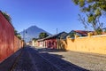 Agua volcano & colonial street, Antigua, Guatemala Royalty Free Stock Photo