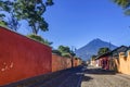 Agua volcano & colonial street, Antigua, Guatemala Royalty Free Stock Photo