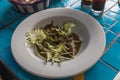 Aguachile de trout, typical Mexican food, garnished with cucumber, purple onion, bathed in serrano chili sauce and chiltepin