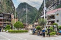 Tourists and locals visiting the Manco Capac Square, the main square in Aguas Calientes. Royalty Free Stock Photo