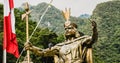 Statues of Inca Emperor Pachacuti in Aguas Calientes square in Peru outside Machu Picchu.