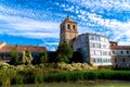 Aguilar de Campoo Spain church tower of St. Michael the Archangel and the river Royalty Free Stock Photo