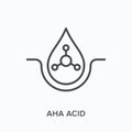 Aha acid flat line icon. Vector outline illustration of skin and cream droplet. Black thin linear pictogram for skincare