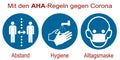 AHA distance, hygiene, everyday mask rules against Corona. Mandatory signs for Covid-19