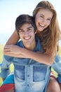 Ahhhhh, young love. A young couple enjoying a beautiful day in the outdoors. Royalty Free Stock Photo