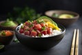 Ahi poke made of raw tuna chunks tossed over rice & topped with vegetables AI generated