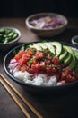 Ahi poke made of raw tuna chunks tossed over rice & topped with vegetables AI generated