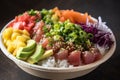 Ahi poke made of raw tuna chunks tossed over rice & topped with vegetables AI generated Royalty Free Stock Photo