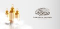 Ahlan wa Sahlan Ramadan Kareem means welcome ramadan. Wallpaper design template with 3d illustration of lantern surrounding in clo