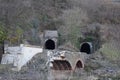 Mayschoss, Germany - 02 13 2023: Bridge ruins and two railroad tunnels Royalty Free Stock Photo